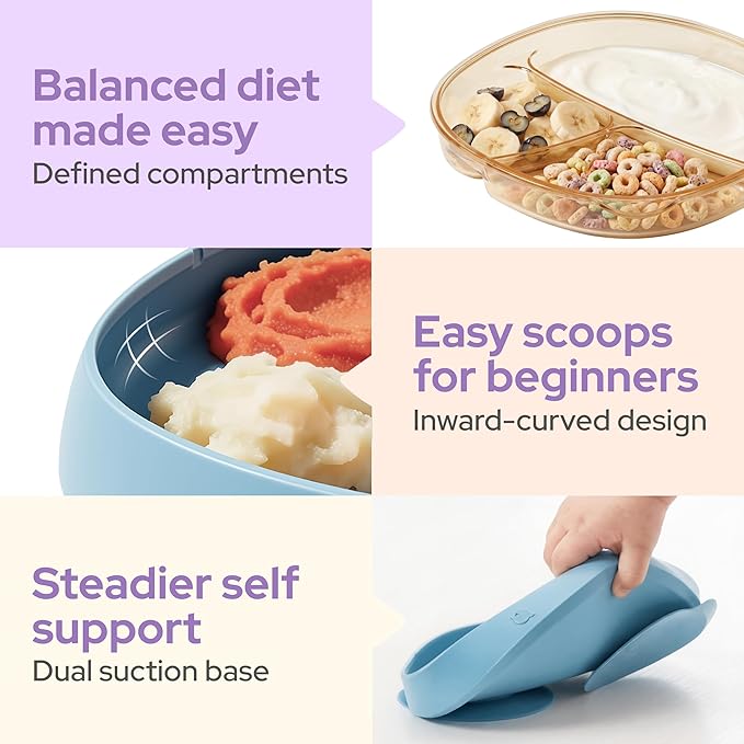 PPSU 3-in-1 Baby Plates with Suction - Premium Stage-Based Design Silicone Toddler Divided Dishes 6M-3Y, Bottle-Grade, BPA Free Odor & Stain Resistant Self-Feeding Plate, Microwave Dishwasher Safe