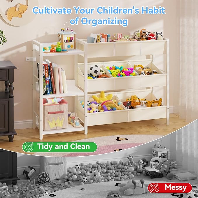 B7 Toy Storage Organizer with 3-Tier Wooden Shelves, Toy Chest Storage with 8 Bins, Toy Shelf Organizer, Kids Bookshelf and Toy Storage for Kids Room, Bedroom, Playroom, Nursery