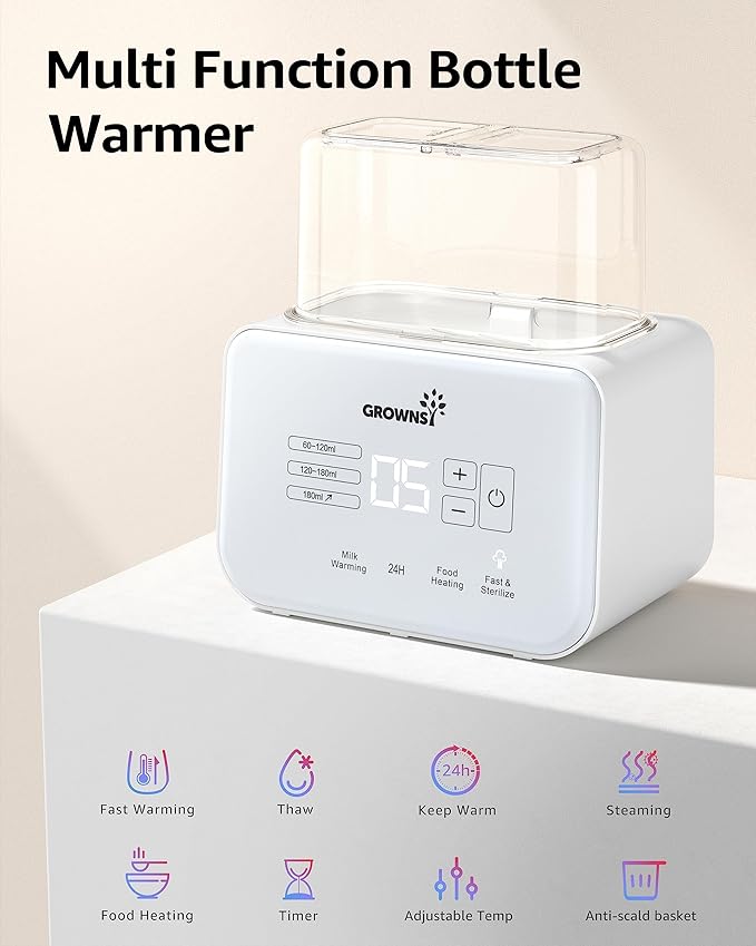 Baby Bottle Warmer, Grownsy 8-in-1 Fast Milk Warmer with Timer Breastmilk or Formula, Fits 2 Bottles, Accurate Temperature Control, with Defrost, Sterili-zing, Keep, Heat Baby Food Jars Function
