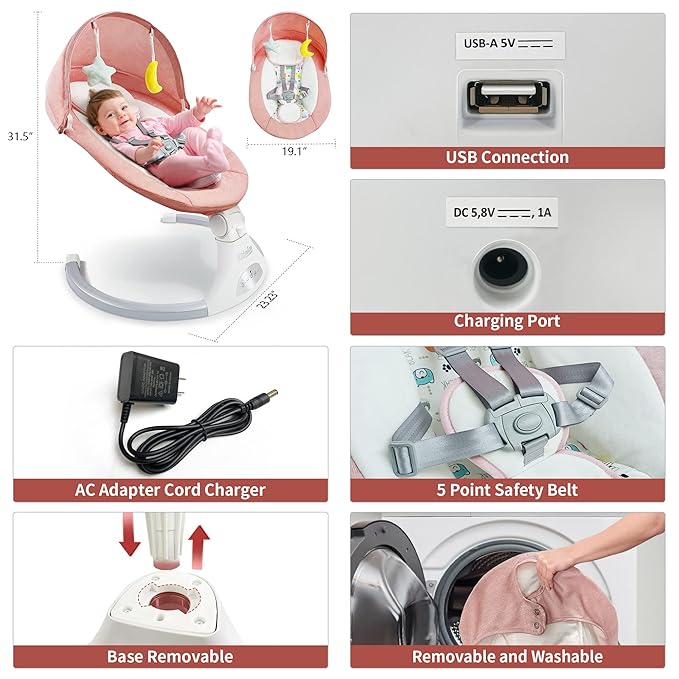 Pink Electric Baby Swing for Infants to Toddlers, 5 Speed Settings, 12 Built-in Songs, Bluetooth & USB Music, Timer Function, Adjustable Baby Swing for Nursery Use
