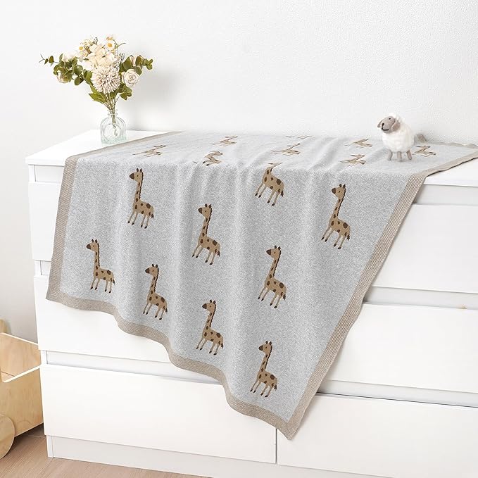 Opewod Soft Cotton Knit Baby Blanket with Cute Deer Print 40x30in Newborn Receiving Blanket Swaddle Cuddle Blanket for Crib, Stroller, or Nursery for Infants & Toddlers Light Grey