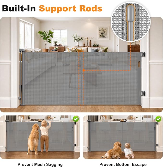 Reinforced Retractable Pet Gate 70” Wide Retractable Baby Gate | with Support Rods to Prevent Bottom Escape, 33” Tall Child Safety Gates for Stairs, Doorways, Hallways, Decks, Indoor/Outdoor
