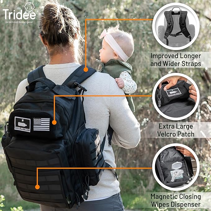 Dad Diaper Bag - Molle-Style Military Diaper Backpack Made of Rugged 900D Waterproof Polyester with Wider Extra-Long Straps, Pouch for Dirty Diapers, Baby Wipes Dispenser & Insulated Bottle Pockets
