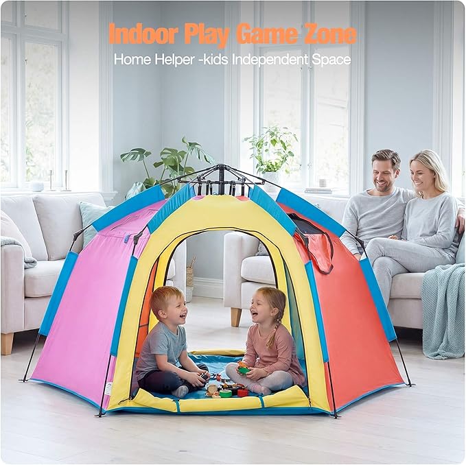 Portable Hexagon Kids Play Tent with LED Strip Lights Indoor Children Play House Easy Set-up Space Dream Tent for Night 4-5 Person Large Tents & Birthday Gifts
