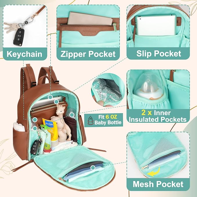 MOMINSIDE Mini Diaper Bag Backpack, Breast Pump Bag, Small Baby Diaper Bag, Leather Mini Diaper Bag, Diaper Bag Organizers, 2 Insulated Pockets, Stroller Strap