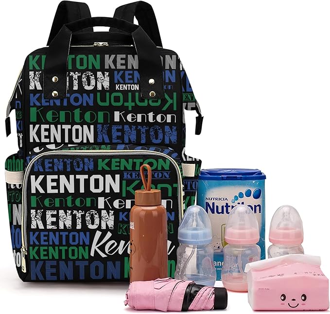 Custom Name Boy Baby Bags, Nylon Personalized Diaper Bag Backpack for Baby Boy Mom, Blue Green, Large Capacity, Waterproof, Multifunctional, Adjustable Shoulder Straps