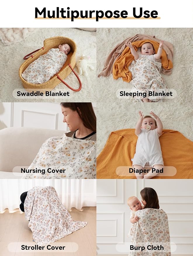 TILLYOU 3 Pack Muslin Swaddles for Newborns Baby Blankets for Girls Boys Cotton Swaddle Blankets 40"X40", Yellow Flower