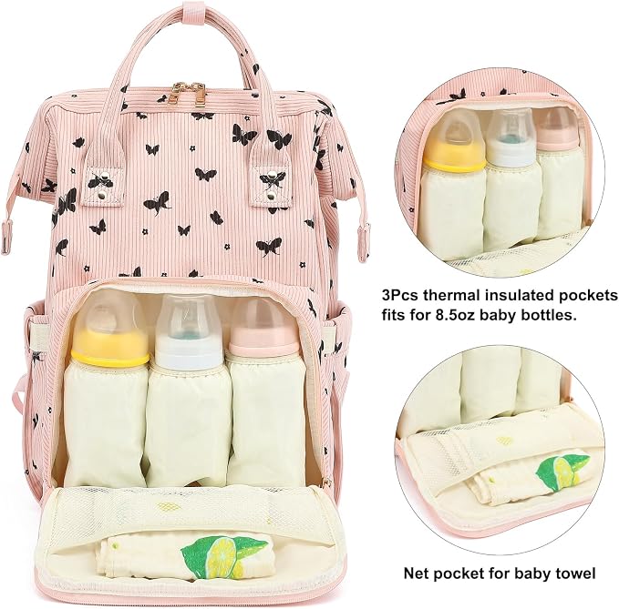 Corduroy Diaper Bag Backpack for Baby Girls Boys, Women Large Nappy Bags for Mom (Pink Corduroy Butterfly)