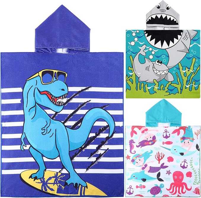 Chumia 3 Pack Kids Hooded Beach Poncho Towels Toddler Swim Pool Bath Towels with Hood Thicker Cotton Absorbent Cover up for Boys Girls Baby(59 x 30 Inch,Shark, Dinosaur)