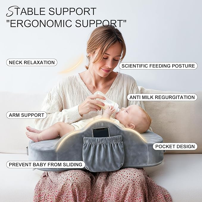 Jaxmoon Nursing Pillows for Breastfeeding, Soft Memory Foam Breastfeeding Pillow, Baby Feeding Pillow for New Mom, Lactation Pillow with Adjustable Waist Strap, Storage Pocket, Removable Cover, Grey
