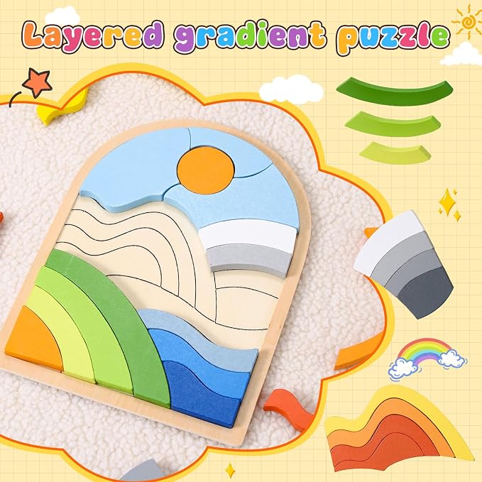 Montessori Wooden Shape Puzzles - Color Matching & Cognition Fun for Kids Over 3 Years Old, with Rainbow Blocks & Themes, Fine Motor Skill Building Toys & Gifts (3 Pack Colorful)