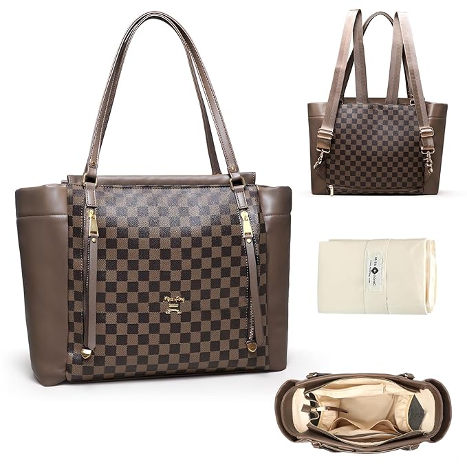miss fong Checkered Diaper Bag Tote Leather Diaper Bag Backpack, Large Capacity Mommy Bag Hospital Bag, 12 Pockets Travel Diaper Tote with Changing Pad for Mom Plaid Tote Bag for Women-Coffee