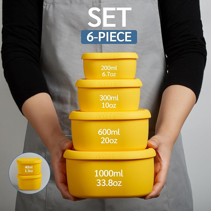 ISSEVE 6Pcs/Set Nesting Silicone Food Storage Containers with Lids, BPA Free Reusable Meal Prep Silicone Containers Lunch Box Bento Box Set (33.8oz, 20oz, 10oz, 6.7oz, 1.3oz) (Yellow)