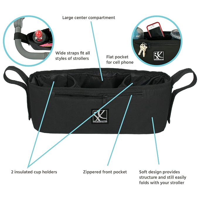 J.L. Childress Cargo 'N Drinks Parent Tray - Universal Stroller Organizer - Stroller Accessory with Insulated Cup Holders and Cell Phone Pocket - for Umbrella Strollers, Doona, Graco and More - Black