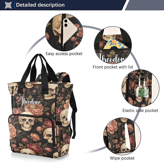 Personalized Sugar Skull Peonies Diaper Bag Large Cap Insul Mom Dad