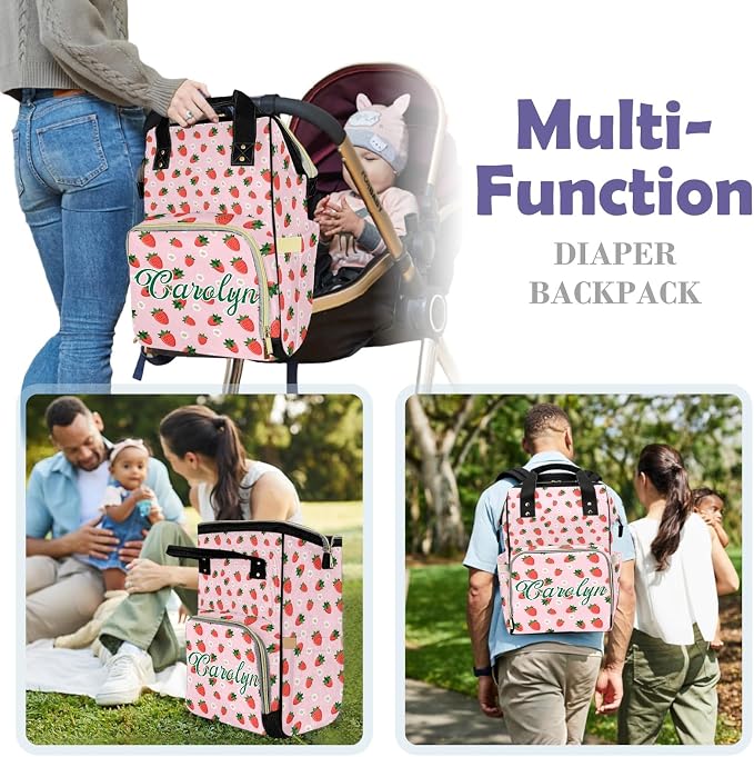 Custom Diaper Bag with Name Personalized Multifunctional Mommy Backpack for Shoulders Outdoor Backpack for Newborn Baby Thermal Pockets Nursing Bags （Strawberry 1）