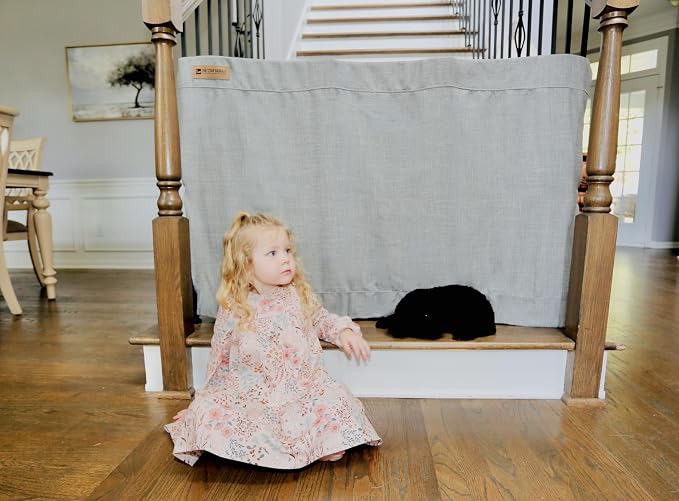 The Stair Barrier First Fabric Banister to Banister Baby Gates for Stairs 36”–42” Wide x 32” Tall– No Drill Baby Gate for Top or Bottom Staircase, Machine-Washable Climb Proof, Designed in USA, Grey