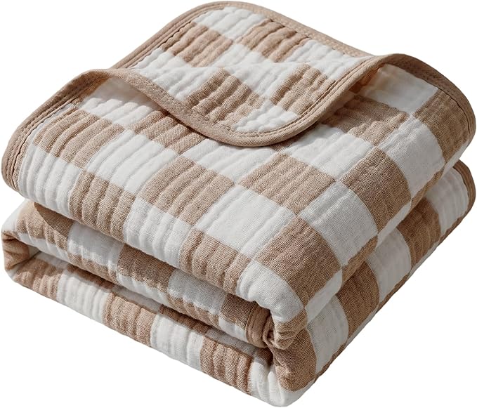 6-Layer Muslin Toddler Blanket - Made with Organic Cotton, Large 50x60 Crib Quilt & Bedding for Kids & Moms (Coffee Checkered)