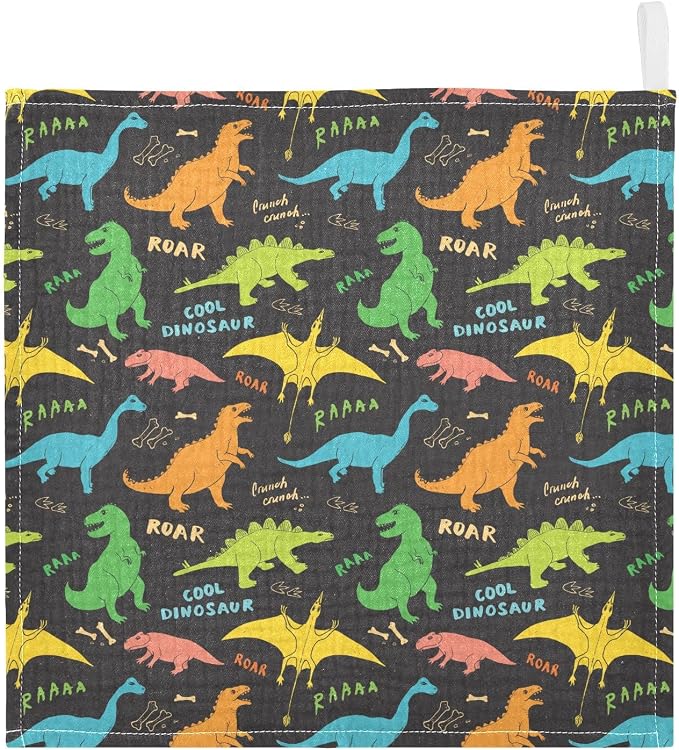 vvfelixl Baby Washcloths Cotton Colored Dino Dinosaurs Baby Muslin Washcloths Soft Baby Face Towel for Newborn Infants, 11.8 X 11.8 Inch, 3 Pack Black