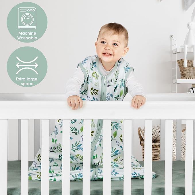 BSTOPPT Newborn Sleep Sack Baby Swaddle,0-12 Months,3-Way Adjustable Wearable Blanket,Swaddling Sleeping Bag (Leaf&Clouds, 6-12 Months)