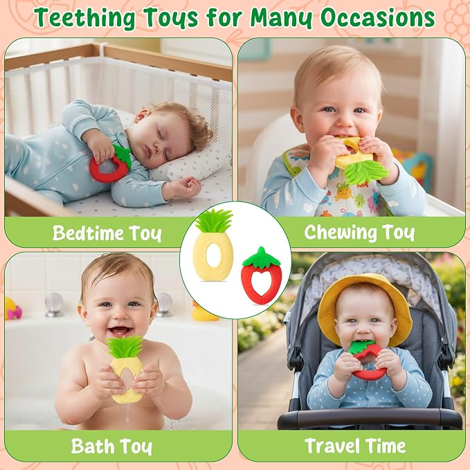 Silicone Teething Toy for Babies - 2Pcs Strawberry Grape Soft Sore Gums Pain Teether Infant Summer Fruit Themed Food Grade Teething Relief Chew Toy for Toddler Birthday Newborn 6-12 Months Baby Shower