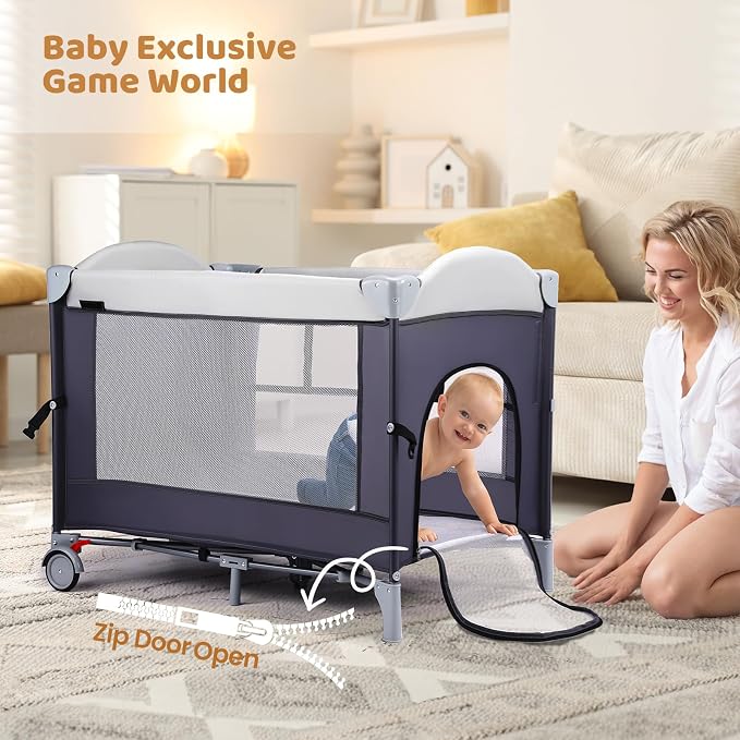 JOYMOR 5-in-1 Pack and Play with Bassinet and Changing Table, Lightweight Travel Crib, Foldable Baby Playard, Waterproof Changing Top, Carry Bag & Wheels