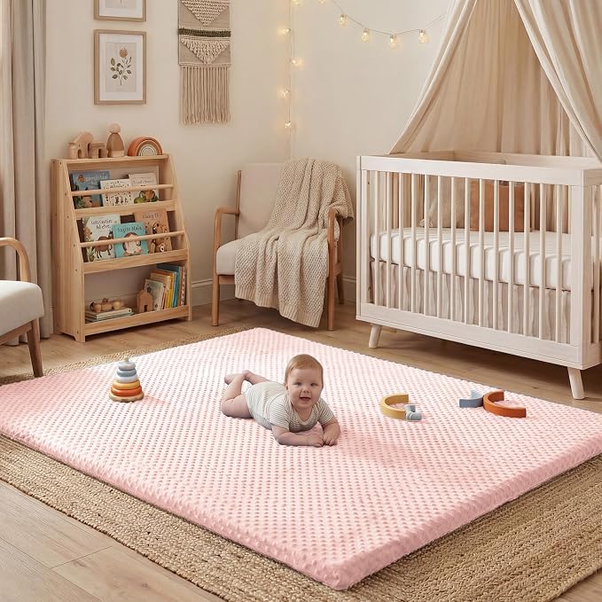 Baby Floor Play Mat for Playpen, Extra Thick 71x59 Inches Padded Mat with Ultra Soft 3D Minky Dot & Removable Washable Cover, Non-Slip & Safe for Crawling,Tummy Time,Infant/Toddler (Pink)