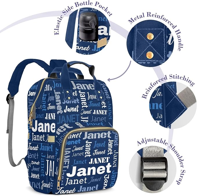 Custom Diaper Bag with Name Personalized Multifunctional Mommy Backpack for Daughter Granddaughter, Blue Daypack Bag for Travel