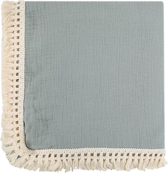 Cotton Muslin Baby Blanket with Tassel,Fox Lovey Security Blanket,Soft Breathable Nursery Decor,Nursing Cover for Newborn Infant Toddler 47"x47"(Dark Green)