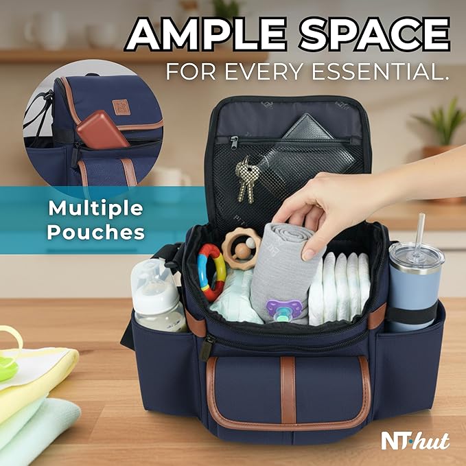 Baby Stroller Organizer Caddy with 2 Cup Holders ??NT·hut CarryZee Universal Stroller Bag, Bottle Straps, Magnetic & Zippered Pockets, Fits 11" Tablet, Water Resistant 600D Oxford (Blue)