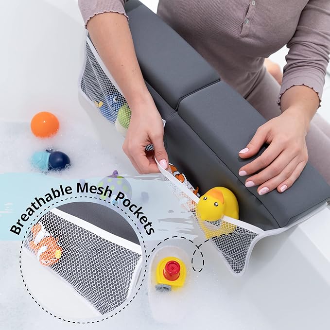 Bath Kneeler and Elbow Rest Pad Set - 2PC Premium Baby Bath Mat Set - Non-Slip Kneeling Pad with Storage Pockets - Machine Washable, Durable Foam Pad Bundle - Gray