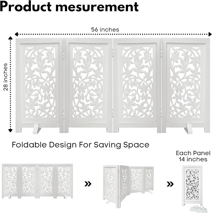 Dog Gate for Indoor Use, 4 Panel Free Standing Foldable Wooden Pet Barrier, 56x28 Inch Decorative Lucy Design Dog Fence for Doorway, Stairs, or Hallway, White Antique
