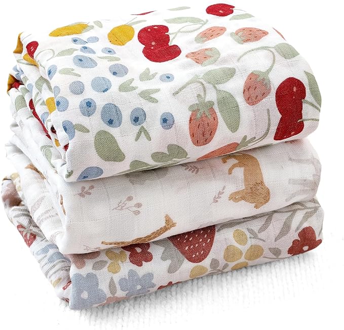Muslin Swaddle Blankets for Baby Boys and Girls,3 Pack Breathable Soft Receiving Blanket,Large 43.3X 43.3 inches,Newborn Essentials Must Haves(Floral and Animal)