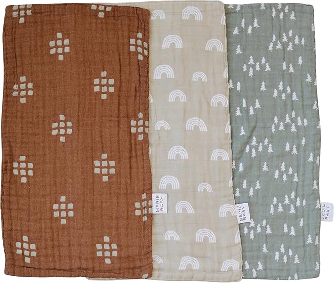 Mebie Baby Burp Cloths, Woods Print 3-Pack, Muslin Burp Cloth Set for Spit Up, Drool, and More, Boho Burp Cloths for Baby Boy and Girl, Baby Must Haves for Registry Lists and Gifts for Newborns