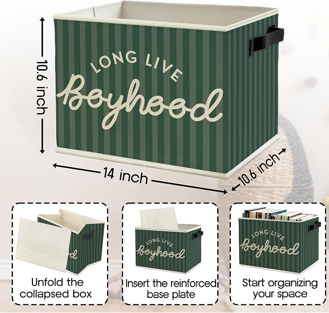 Long Live Boyhood Boys Storage Bins Box with Handles, Green Stripe Collapsible Basket Organizer for Kids Teen Boy Nursery Room Bedroom Bathroom Playroom Toys Books Clothes