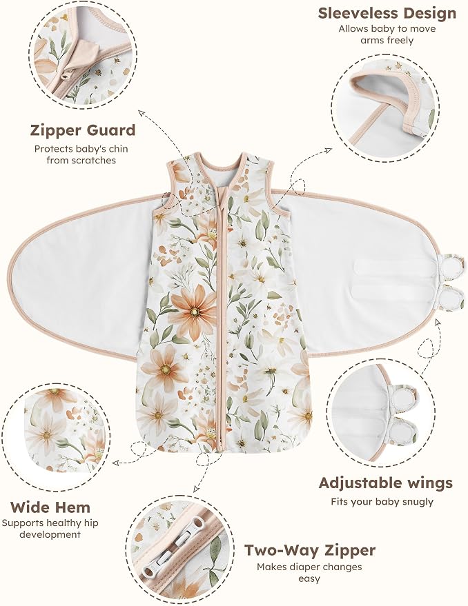 Unnivoll Newborn Sleep Sack Swaddle 100% Cotton Baby Swaddle 0-3 Months, 3-Way Adjustable Wearable Blanket, TOG 0.5, 2 Pack for Baby Boy Girl White Brown Flower