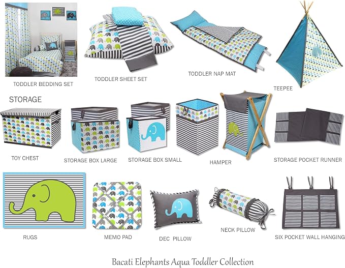 Bacati - Elephants Set of 2 100% Cotton Washable Reusable Burpies/Burp Cloths (Aqua/Lime/Grey)