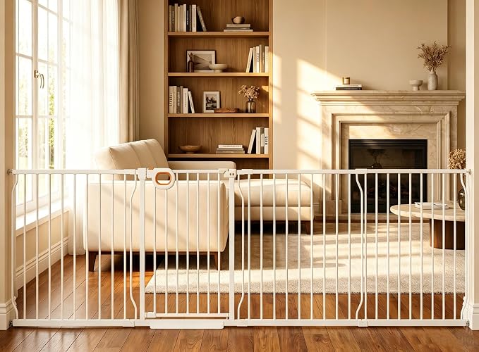 Baby Gates Extra Wide for Doorways 100-104.7 Inch Extra Wide Pressure Mounted Baby Dog Gate for the House Indoor Large Openning Metal Safety Gate No Drilling with Walk-Through Door,White