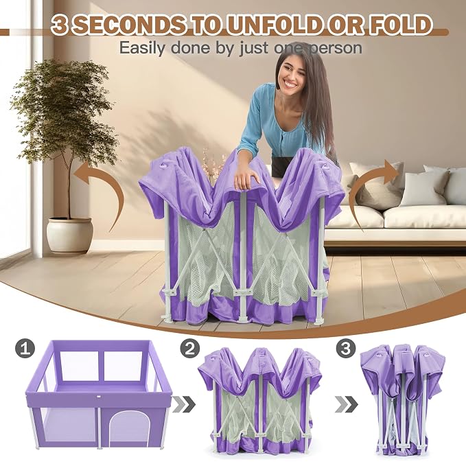 Foldable Playpen 50x50, Foldable Ultra-Portable Baby Playpen, Instantly Deployed in Three Seconds, Safe Baby Playard with Soft Breathable Mesh, Perfect Activity Center for Baby's Play, Lavender