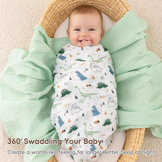david's kids 3 Pack Baby Muslin Swaddle Blankets, 100% Cotton and Ultra Soft Breathable Receiving Blanket Wrap for Boys Girls, New Born Essentials, Large 47 x 47 inches, Dinosaur