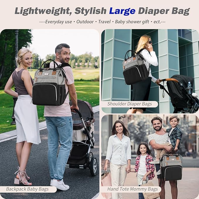 Diaper Bag Backpack:Baby Bag Large Tote Diaper bag for Boys and Girls, Men's Diaper Backpack, Women's Shoulder Mommy Bag, 2 Kids Nappy bag for mom and dad Black Grey