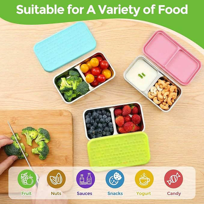 Stainless Steel Snack Containers, 3-Pack Double Compartment Food Preservation Bento Box with Silicone Leakproof Lids, 15oz Reusable Divided Food Storage Containers for Lunch Prep, Travel, Camping