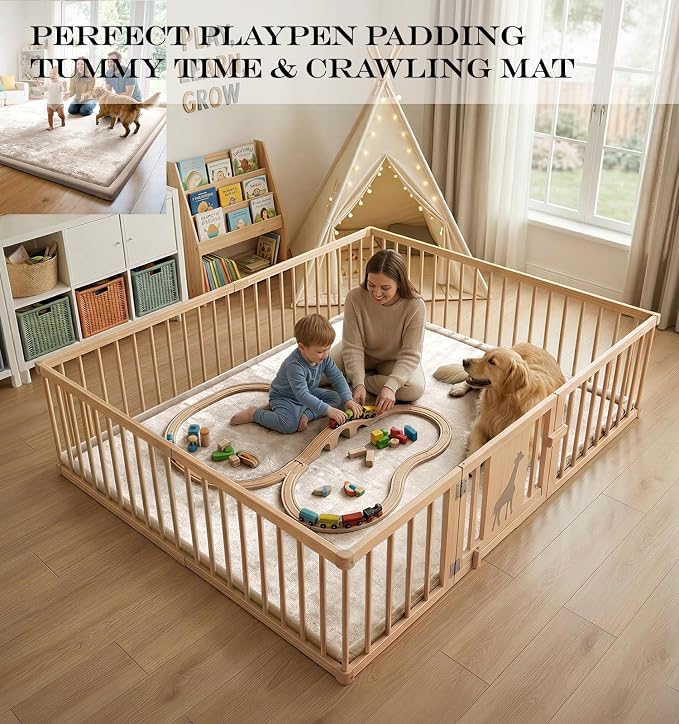 AEOCOO Baby Play Mat for Floor Cushion, 59x71x1.3" Thick Memory Foam Tummy Time Mat, CloudSoft Velvet Non slip, Toddlers Baby Kids Extra Large Nursery Rug for Crawling, Living Room, Beige