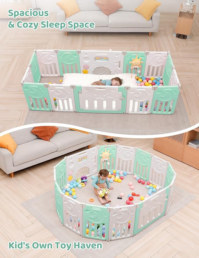 Baby Playpen, Dripex Baby Playard for Babies and Toddlers, 14-Panel Foldable Playpen Adjustable Portable Play Area, Indoor/Outdoor Kids Active Center with Game Panel & Safety Gate, Light Green White
