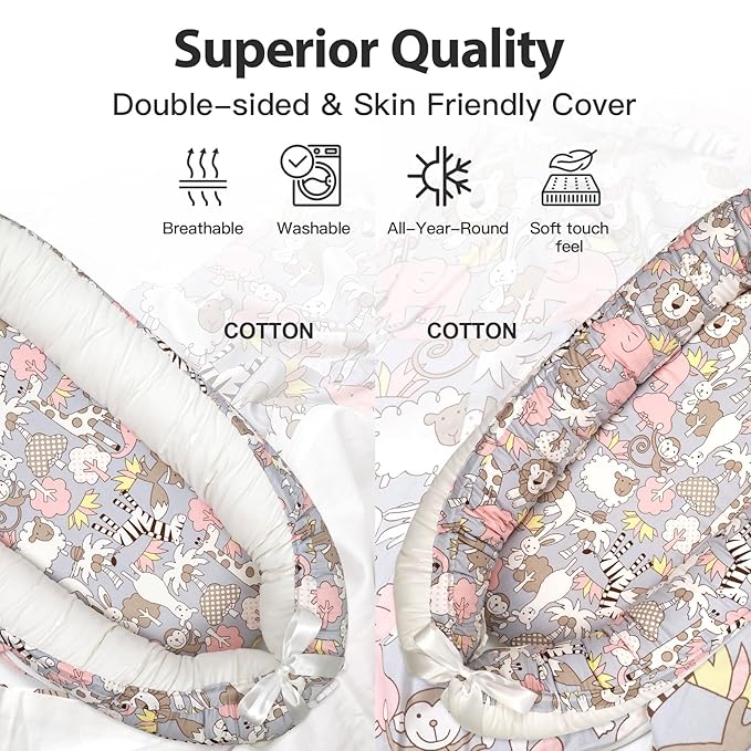 Infant Support Cushion-Breathable and Soft Organic 100% Cotton, Portable Tummy Time Mat with Removable Support Cushionr Cover, Floor Baby Support Cushion for Newborn - Sheep Monkey