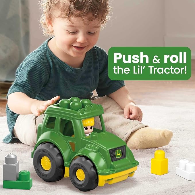 MEGA BLOKS John Deere Toddler Building Blocks Toy Set, Lil’ Tractor with 6 Pieces and Storage, 1 Figure, Green , Ages 1+ Years