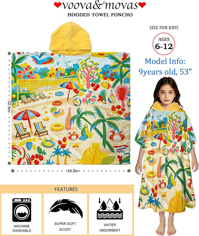 VOOVA & MOVAS Hooded Poncho Towel for Teens Unisex, 100% Cotton Absorbent Tropical Fruit Print Beach Swim Bath Cover Up with Yellow Hood