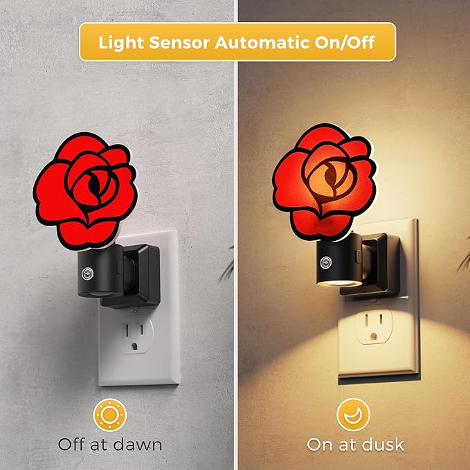 L LOHAS LED Red Rose Night Lights Plug into Wall, Gothic Rose LED Night Light with Dusk?‘to?‘Dawn Sensor, Adjustable Brightness, 350° Rotatable Plug in Nightlight for Bedroom Hallway Bathroom (2 Pack)