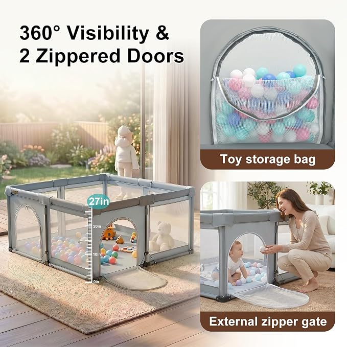 Foldable Playpen with Detachable Thicken Mat,50x50 Inches Portable Playpen,Collapsible Play Pen for Babies and Toddlers,Indoor & Outdoor Baby Fence Play Area,Cold Gray