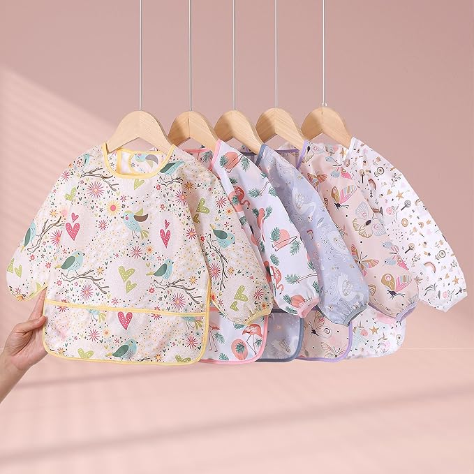 Sleeved Bib,5 Pack,Waterproof Shirt Bibs for Baby 3-24 Months Wipe Clean
